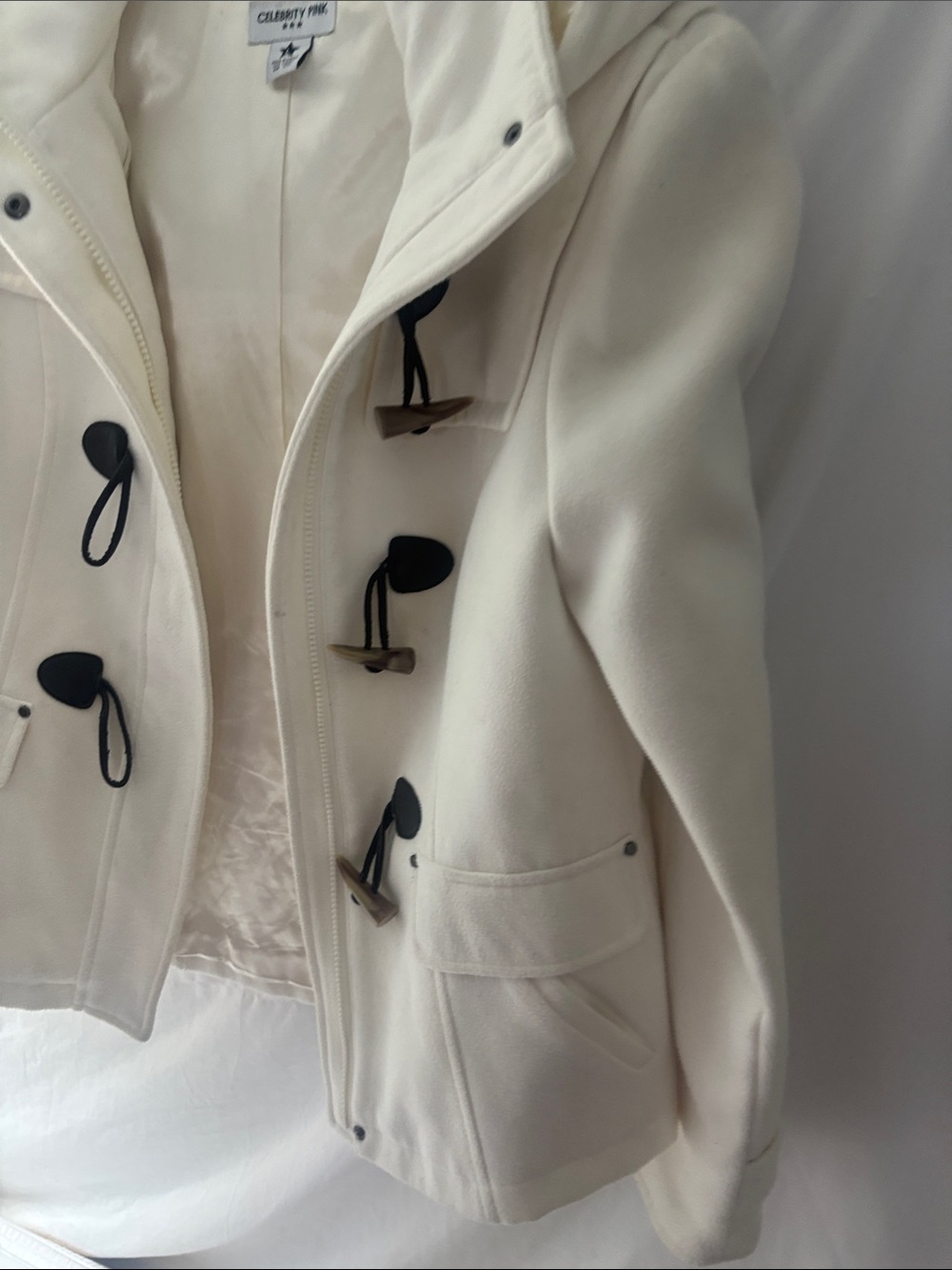 Celebrity Pink Women's Cream Faux Fur Pea Coat Hooded. Great Condition.